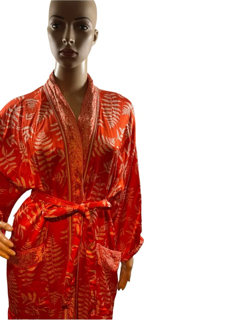 Zara Red Satin Floral-Leaf Kimono Robe with Tie Belt - Picture 2 of 16